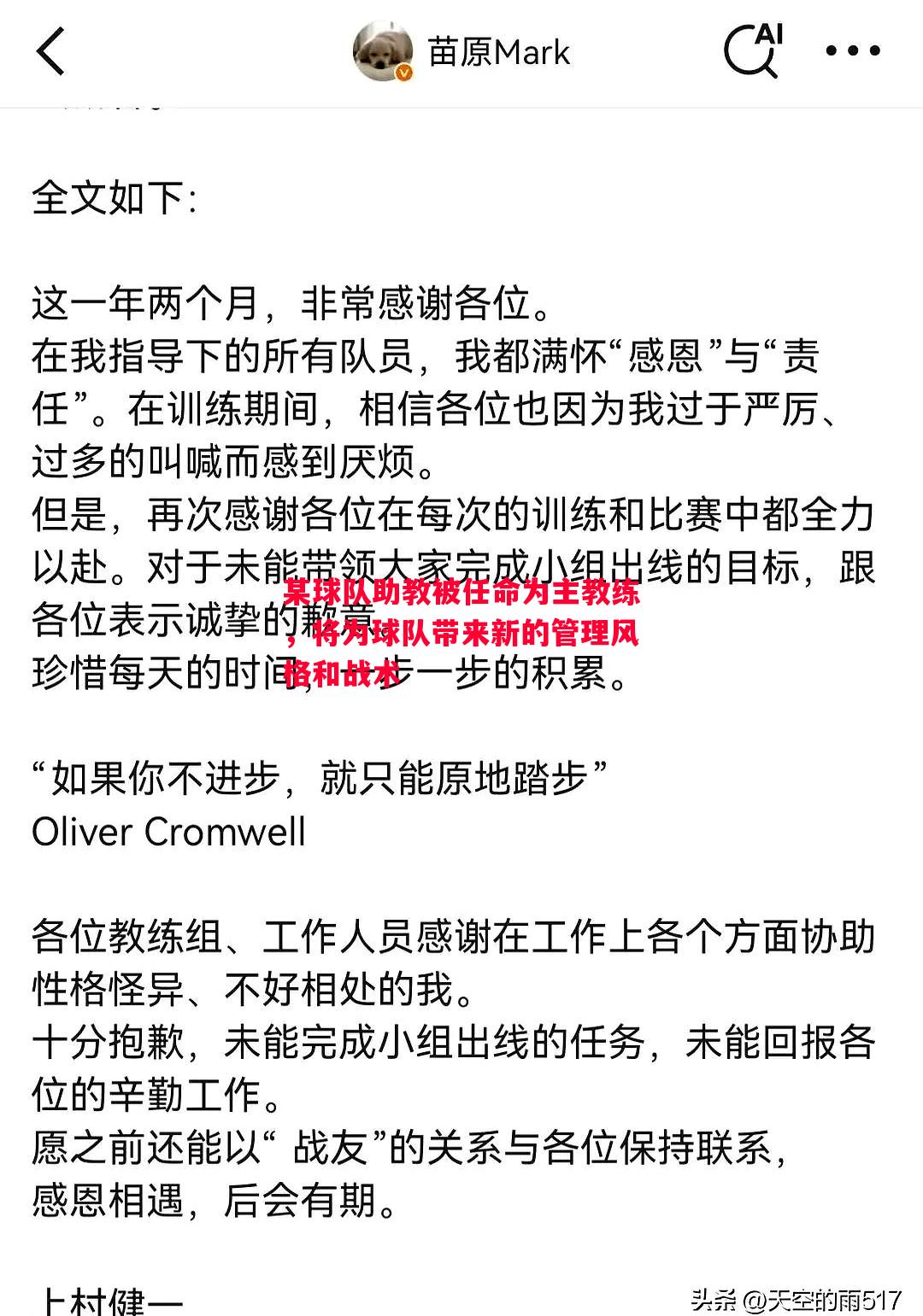 某球队助教被任命为主教练,将为球队带来新的管理风格和战术 某球队助教被任命为主教练,将为球队带来新的管理风格和战术